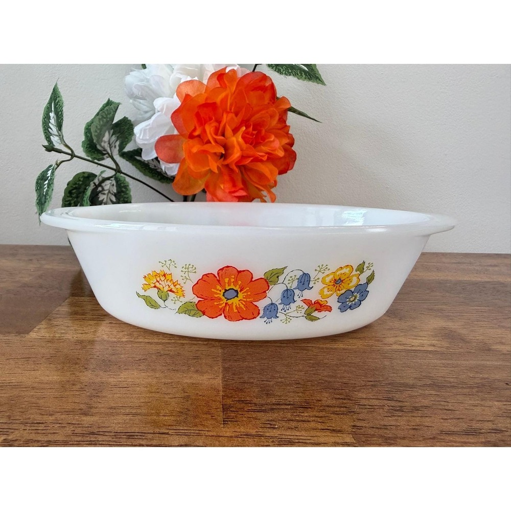 Vintage‎ Glasbake Orange Floral Casserole Dish Milk Glass MCM Bakeware Kitchen